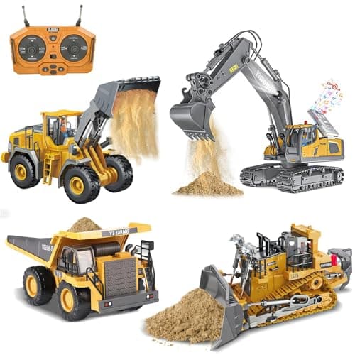 ADTHLIER Remote Control Excavator (11-Channel), Dump Truck, Bulldozer, Loader (9-Channel), 2.4GHz Remote Control Construction Vehicles, Metal Construction, with Cool Lights and Sound Effects, 4-Pcs