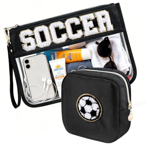 PEVART 2-Piece Soccer Gifts Makeup Snack Bag Chenille Letter Patch | Large Soccer Clear PVC Travel Zipper Pouch Accessories Stuff Waterproof Portable Sport Bag for Boys, Girls - Image 1