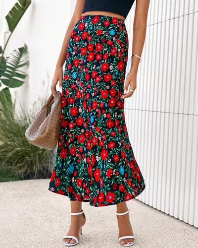 BTFBM Satin Skirts for Women Trendy Summer 2025 High Waisted A-Line Leopard Print Cocktail Wedding Long Silk Midi Skirt(Floral Black Red, Small) - Thumbnail 5