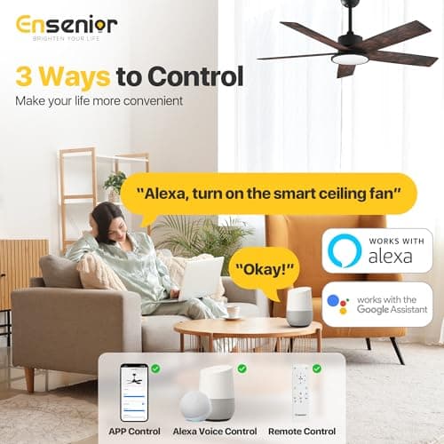 Ensenior 52 Inch Smart Ceiling Fans with Lights and Remote, Control via Alexa Google Voice App, 3000K-6000K Dimmable LED 6-Speed Reversible DC Motor Black Ceiling Fan for Bedroom Living Room, 5 Blades - Thumbnail 2