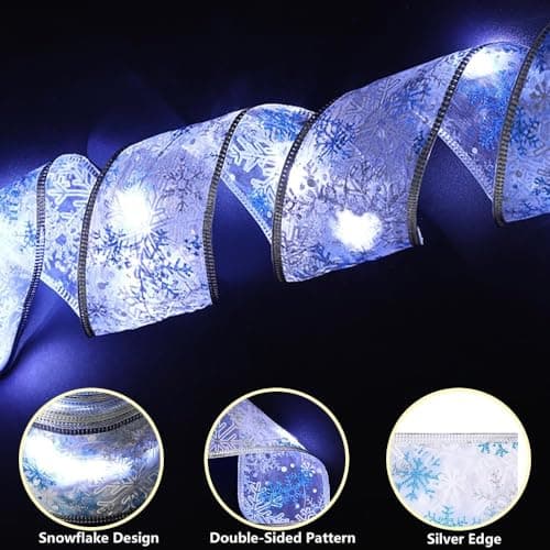 Christmas Tree Decorations Ribbon Lights, 32ft 100 LED String Lights, Battery-Powered Copper Wire Christmas Tree Ribbon Lights for Holiday Party Weddings Indoor Christmas Tree Decorations (Silver) - Thumbnail 2