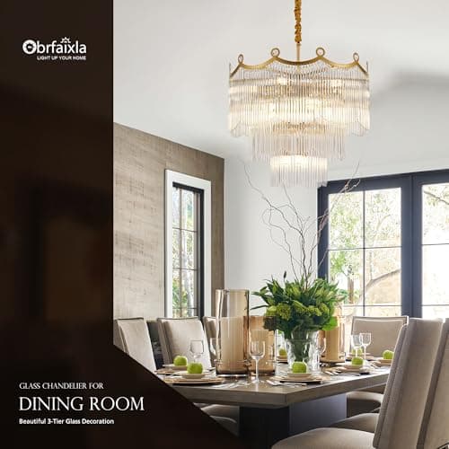 brfaixla 23.1" Modern Glass Gold Chandelier Light Fixture Luxury Glam 3-Tier Crystal Chandeliers for Dining Room 13-Light Round Hanging Ceiling Pendant Lighting for Living Room Bedroom Entrance Foyer - Thumbnail 3