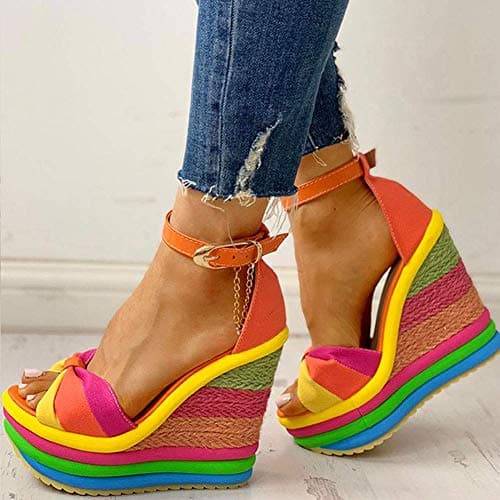 SaraIris Summer Shoes Rainbow Sandals for Women- Comfortable Colourful Wedge Sandals High Heel Gladiator Ankle Strap Platform Espadrilles Shoes - Thumbnail 3