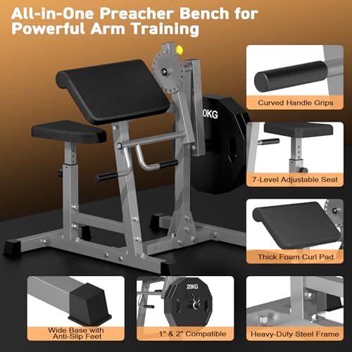 Preacher Curl Bench for Biceps and Triceps Isolation Training, with Thickened Pad, Compatible with 1" and 2" Weight Plates - Thumbnail 4