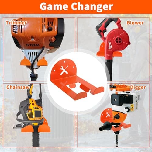 Upgraded Trimmer Rack Wall Mount - 8" Heavy Duty Weed Eater Hanger for Garage Wall, Garden Power Tool Holder Organizer Hooks for Grass Trimmer, Hedge Trimmer, Leaf Blower and Chainsaw, Orange, 3 Pack - Thumbnail 2