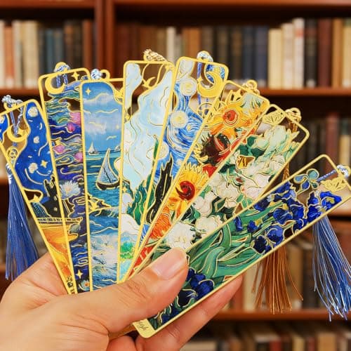 Metal Bookmarks with Tassel, Kinsound Golden Van Gogh Monet Oil Painting Theme Cute Hollow Book Markers for Reading Women, Kids, Teachers, Students, Reading Accessories Gifts for Book Lovers (8PCS) - Thumbnail 2