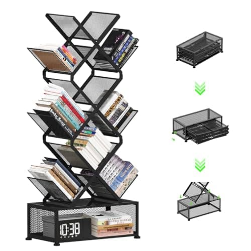 Gintan 9-Tier Space Saving Book Shelf with Storage,Bedroom Shelves Folding Bookshelves,No Installation Required Shelf Tree Metal Bookshelf for Living Room,Study,Home Office,Bed Room (Black) - Image 1