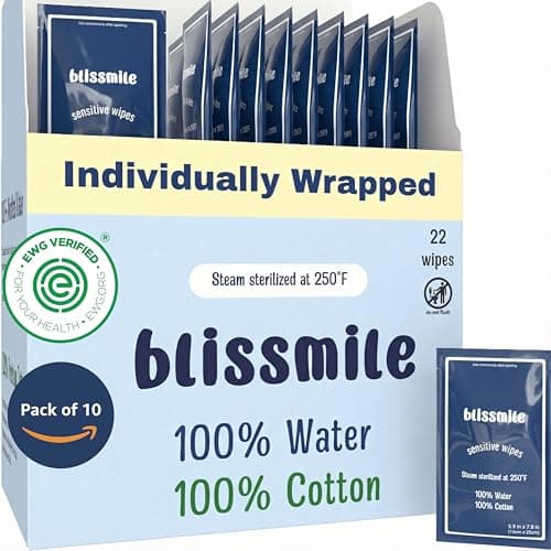 blissmile 100% Water & Cotton Wet Wipes Travel Size - Individually Wrapped - Fragrance & Preservative-Free for Baby, Women & Sensitive Skin - Gentle Hand, Face, Body & Feminine Care - 220 Count - Image 1