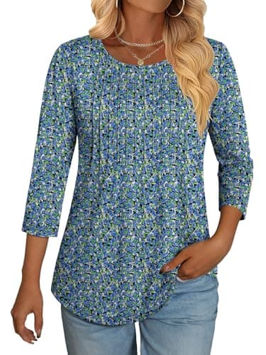 NORACORA 3/4 Length Sleeve Womens Tops Crew Neck Loose Fit Shirts Pleated Cute Clothes Dressy Casual 2026 Summer Tunics Blue Floral M - Image 1