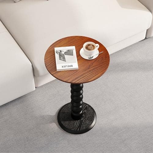 zaowofires Solid Wood Round Side Table, Small Drink Table,Cocktail Table, Wooden Pedestal End Table, Plant Stand for Living Room, Bedroom，Office and Corners(Walnut/Black) - Thumbnail 2