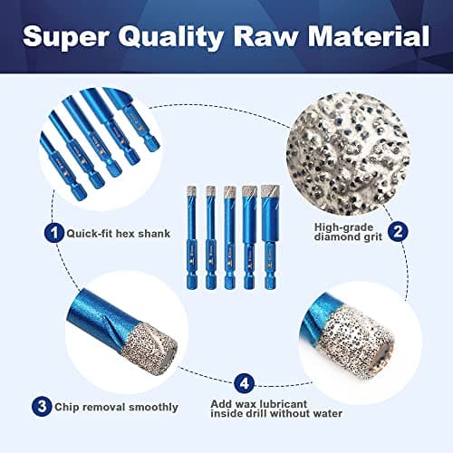 BRSCHNITT 5pcs/Pack Diamond Hole Saw Drill Bit Set, 1/4 5/16 3/8 1/2 Inch for Porcelain Tile Ceramic Stone Granite Marble, Hex Shank Dry Drilling, 6/8/10/12mm - Thumbnail 6