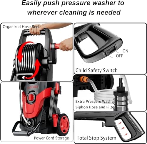 2026 Upgrade Pressure Power Washer 4800PSI w/4 Quick Connect Nozzles, Inlet Hose & Filter&500ML Soap Tank, High Cleaning Machine for Cars/Fences/Driveways/Patios/Home Cleaning,Red - Thumbnail 5