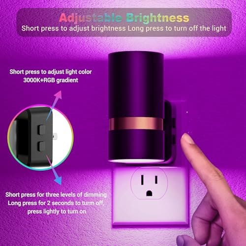 JandCase Night Lights Plug into Wall,2 Pack 10-Color Change RGB Night Light with Dusk to Dawn, 10/25/50/75/100LM Dimmable Plug in LED Nightlight for Bedroom, Hallway, Stairs - Thumbnail 4