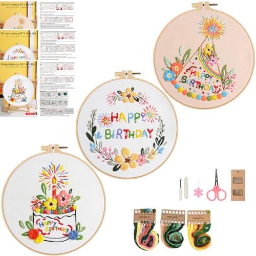 Mozzyyee 3 Sets Embroidery Starter Kit for Beginners Adults Include 3 Embroidery Clothes with Instructions Hoops Floss Thread Fabric Needles (Birthday) - Image 1