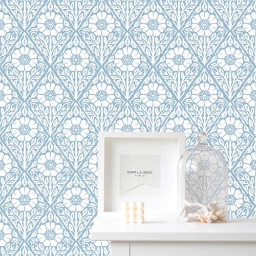 Lativo Blue and White Floral Peel and Stick Wallpaper Modern Boho Contact Paper for Cabinets Drawers Coastal Flower Leaf Self Adhesive Wallpaper Bathroom Bedroom Removable Vinyl Roll 393inL 17.3inW - Image 1