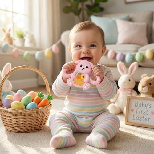 Easter Basket Stuffers Baby Teething Toys, Bunny Silicone Teething Toy for Babies 0 3 6 9 12 18 Months, Easter Basket Stuffer Essential, Baby Rabbit Carrots Teether for Baby & Toddler First Gifts - Thumbnail 4
