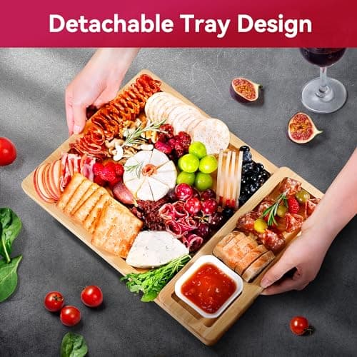 Easoger Large Bamboo Charcuterie Boards, Cheese Board and Knife Set - Unique Housewarming, Wedding and Bridal Gift - Thumbnail 3