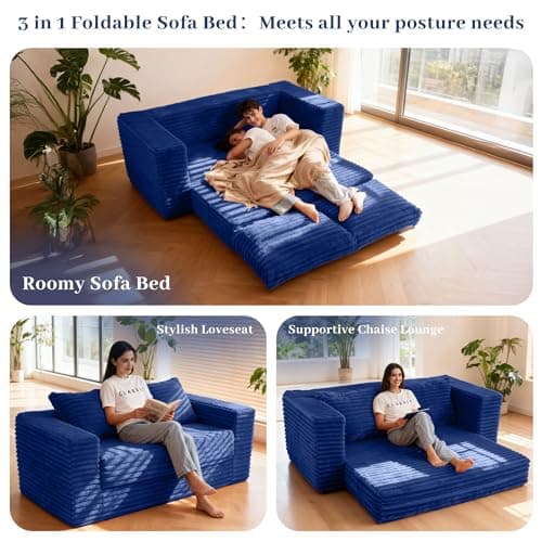 HABUTWAY Convertible Folding Sofa Bed Couch,3 in 1 Pull Out Couch Bed,Loveseat Sleeper Sofa Bed,Boneless Couches with Pillows for Living Room Bedroom, Blue - Thumbnail 4