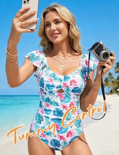 VIAURBE Women's Ruffle One Piece Swimsuit Tummy Control Bathing Suit Floral Print Ruched Slimming Monokini White Green Leaf 2XL - Thumbnail 2