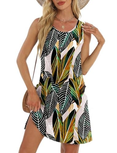 Womens Summer Dresses Loose Fit Round Neck Sleeveless Sundresses Beach Fashion Tank Dress with Pockets Flora Blue Leaf M - Image 1