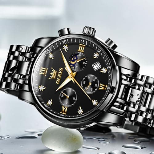 OLEVS Watch Men Black Watches for Men Luxury Analog Quartz Wrist Chronograph Dress Waterproof Mens Watches Big Face Moon Phase Business Fashion Metal Stainless Steel Reloj para Hombre Originales - Thumbnail 3