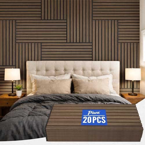 PIWA Wood Slat Acoustic Wall Panels, 20 Packs 23.6" x 11.8" Dark Walnut Soundproof Panel for Interior Wall Decor Noise Absorbing-3D Textured Wooden Panel Sound-Absorbing for Home, Office, Studio