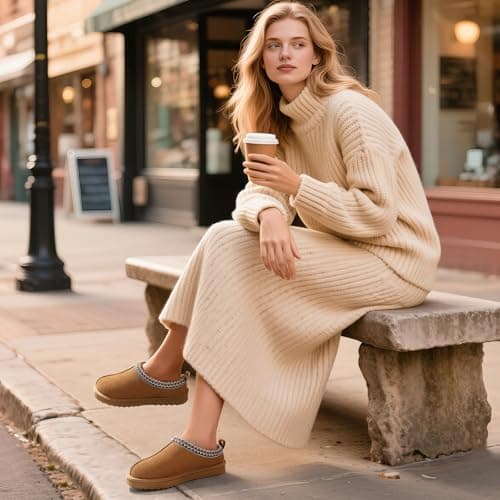 bebealy Genuine Suede Fuzzy Slippers for Women Winter Warm House Shoes Cozy Mini Boots for Indoor Outdoor, Chestnut 39 - Thumbnail 2