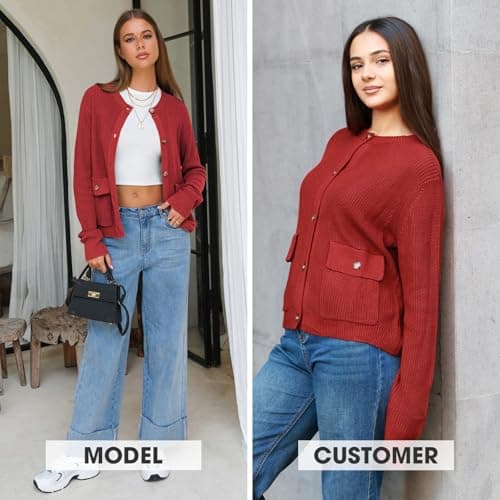 EXLURA Womens 2025 Knit Cardigan Sweaters Spring Fall Crewneck Open Front Button Jacket Fashion Outerwear Coats with Pockets Wine Red - Thumbnail 2