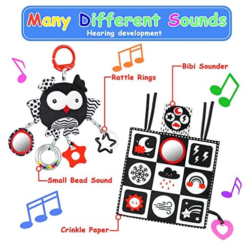 KUANGO Black and White High Contrast Baby Toys 0-6 Months with Mirror, Crinkle and Rattles, Soft Baby Toys for Brain Development Montessori Sensory Tummy Time Newborn Infant for 0 3 6 9 Months Old - Thumbnail 3