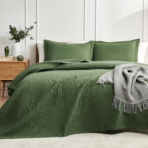 Hansleep Olive Green Quilt Queen Size - Damask Ultrasonic All Season Bedspread Queen, Soft Lightweight Coverlet Bedding Set, 3 Pieces (1 Quilt, 2 Pillow Shams) - Image 1