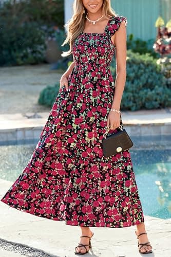 dowerme Womens Summer Maxi Dresses 2026 Casual Ruffle Sleeve Button Smocked Floral Slit Boho Dress Spring Beach Sundress(Black Red Flower,Small) - Thumbnail 3