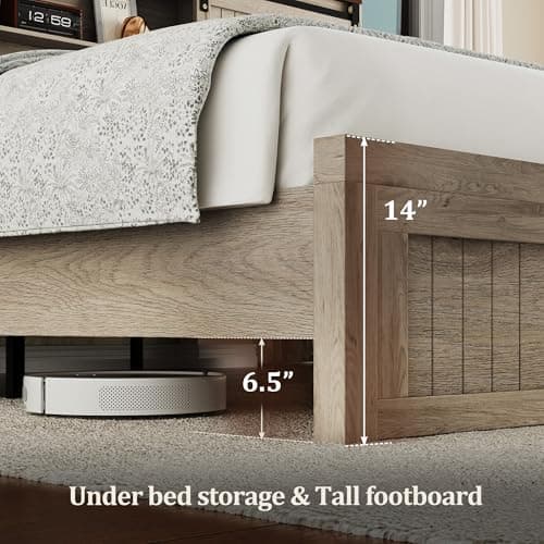 Uteeran Queen Size Bed Frame with Storage, Sliding Barn Door, Farmhouse Wood Platform Bed with Reading Light and Charging Station, Wood Slats Support, Easy Assembly, Noise-Free, Light Rustic Oak - Thumbnail 5