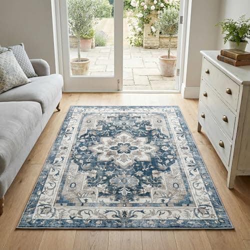 Cnythlis 3'x5' Washable Area Rug, Non-Slip Vintage Rug, Ultra Soft Low Pile Carpet for Entryway Living Room Bedroom, Blue Light Gray - Image 1
