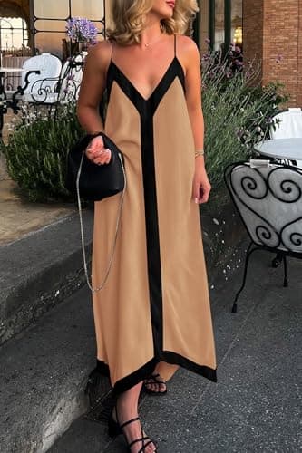 PRETTYGARDEN Womens Maxi Dress 2026 Summer Sundress V Neck Spaghetti Strap Flowy Elegant Party Dresses Beach Vacation Clothes (Khaki,Medium) - Thumbnail 6