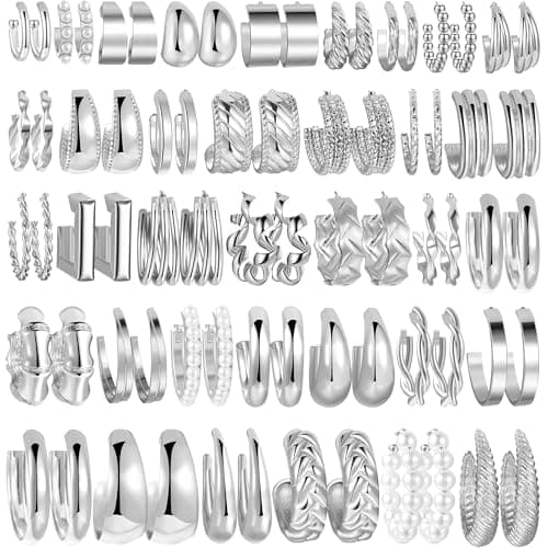 36 Pairs Gold Hoop Earrings Set for Women, Fashion Chunky Gold Hoop Earrings Multipack, Hypoallergenic Pearl Chain Twisted Statement Earring Pack for Birthday Party Jewelry - Image 1