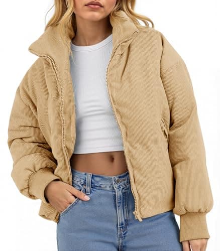 Fisoew Womens Winter Corduroy Puffer Jackets Cropped Puffy Quilted Jackets Coat 2025 - Image 1