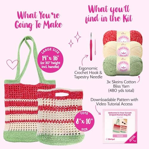 KnitPal Sunset Striped Market Bag Crochet Kit for Confident Beginners – Make a Reusable Market Bag & Lunch Tote – with Cotton Bliss Yarn (#4 Worsted), Hook, Patterns & Video Tutorials - Thumbnail 3