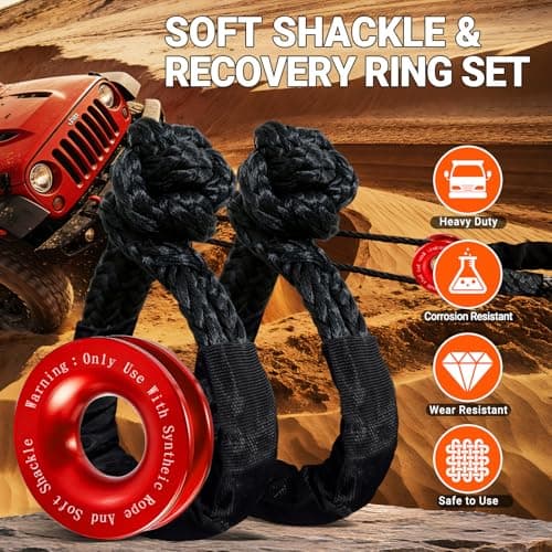 DAJOUJS Synthetic Soft Shackle Rope 1/2" x 22" Black Recovery Tow Shackles with Red Recovery Ring 56,000lb Breaking Strength Soft Shackle Recovery Kit for SUV ATV Truck Jeep, Safer Than Metal Shackle - Thumbnail 2