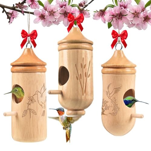 Hummingbird House, Solid Wood Hummingbird Houses for Outside-Exquisitely Handcrafted Birdhouse with Ribbon and String Hanging Kit, Durable Garden Decor, Perfect Gardening Gift(Style-EFG, 3 Pack) - Image 1
