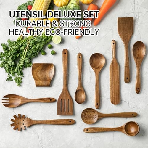 12 PCS Acacia Wooden Spoons for Cooking - Heat-Resistant, Comfort Grip,Easy to Clean, Non-stick Friendly - Kitchen Utensil Set with Holder, Spoon Rest & 6 Hooks, Ideal for Gifting - Thumbnail 4