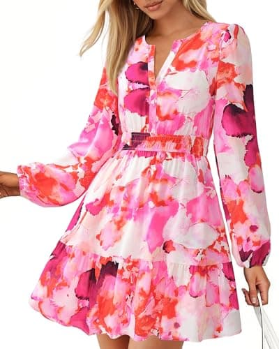 BTFBM Spring Dresses for Women 2026 Mini Long Sleeve Elastic Waist Summer Vacation Outfits Floral Wedding Guest Dress(Red, X-Large) - Image 1