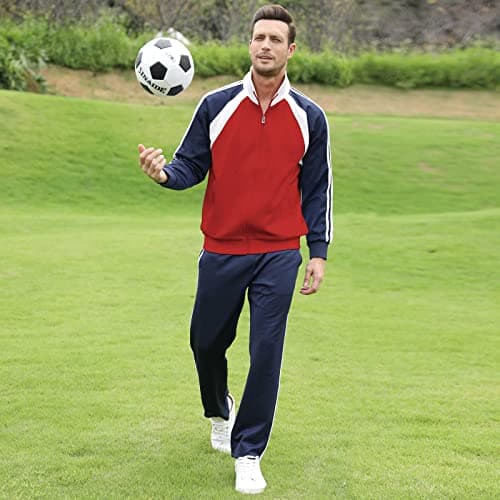 Sun Lorence Men's Athletic Running Tracksuit Set Casual Full Zip Jogging Sweat Suit (X-Large, Red) - Thumbnail 6