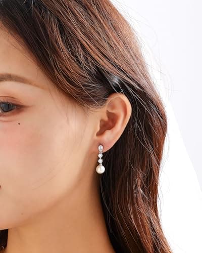 Pearl Earrings for Women, Trendy Silver Diamond Pearl Drop Earrings Bridal Shower Gifts Wedding Gifts for Women - Thumbnail 3