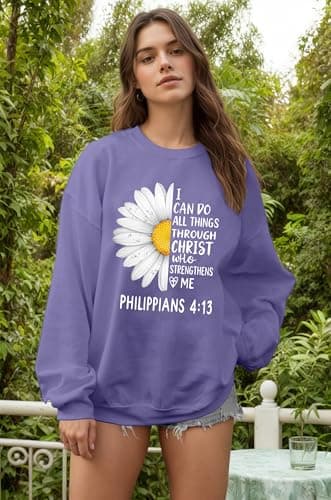 Ladicme Christian Sweatshirts For Women Oversized I Can Do All Things Daisy Graphic Pullover Top Casual Loose Fit Tops Purple - Thumbnail 3