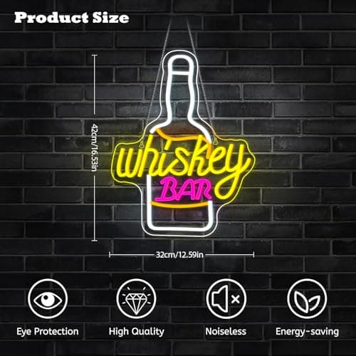 Whiskey Bar Neon Sign for Wine Decor Neon Beer Signs for Party Decor LED Wine Bottle Light Up Bar Pub Lounge Man Cave Wall Art Alcohol Gifts for Beer Lover Bartender - Thumbnail 3