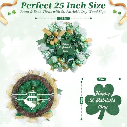 Presentastic 25 Inch Large St Patricks Day Decorations Wreath, Handmade Artificial Shamrock Wreath for Front Door with LED Lights, Kiss Me Im Irish for Wall Decor Window, Saint Paddys Day Decorations - Thumbnail 5