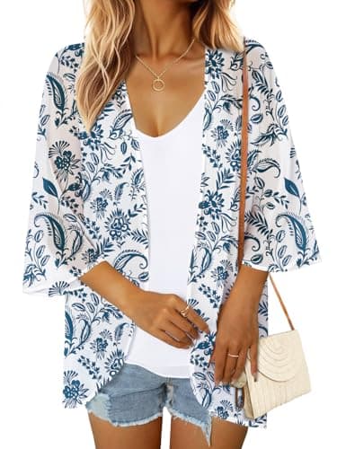 GKBK Women's Floral Print Puff Sleeve Kimono Cardigan Loose Cover Up Beachwear Capes Swimwear Casual Blouse Tops Ladies Shirts Blue Floral XL - Image 1