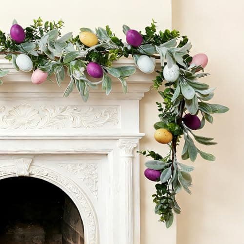 6FT Easter Garland, Easter Garland for Mantle, Artificial Spring Floral Garland with Lamb Ears Eucalyptus & Eggs for Easter Garland Decorations for Home - Image 1