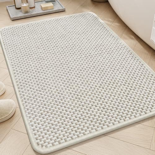 AMOAMI Chenille Bath Mat Super Absorbent Bathroom Mat Quick Dry Bath Mats for Bathroom Rubber Backed Bathroom Rugs Non Slip Washable Fit Under Door, Front of Bathtub, Sink, Beige&White 24"x36"