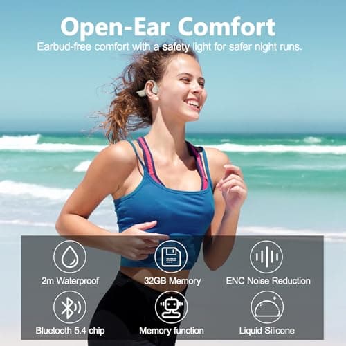 Roujune Bone Conduction Headphones IPX8 Waterproof Swimming Headphones Open Ear Headphones with MP3 Mode 32GB Memory 8H Playtime Bluetooth 5.4 Ear Buds Secure Fit for Running and Fitness (Apricot) - Thumbnail 6